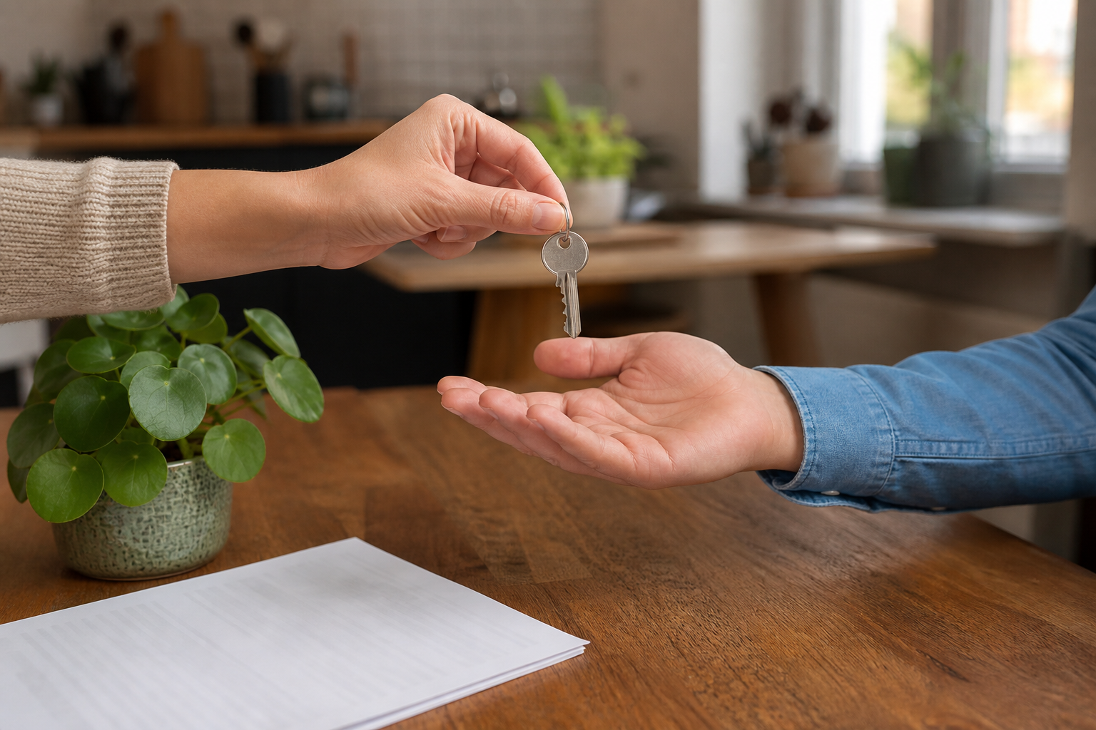 Verhuurder overhandigt een sleutel aan een nieuwe huurder aan de keukentafel
