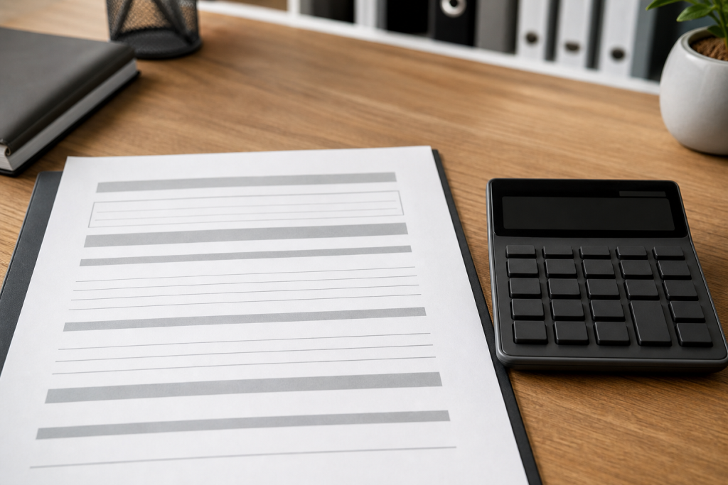 Een beheercontract en een rekenmachine op een bureau