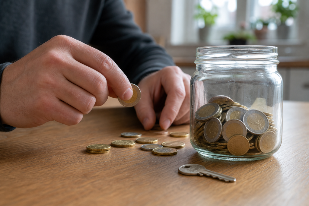 Een pot met euromunten en een huissleutel op tafel