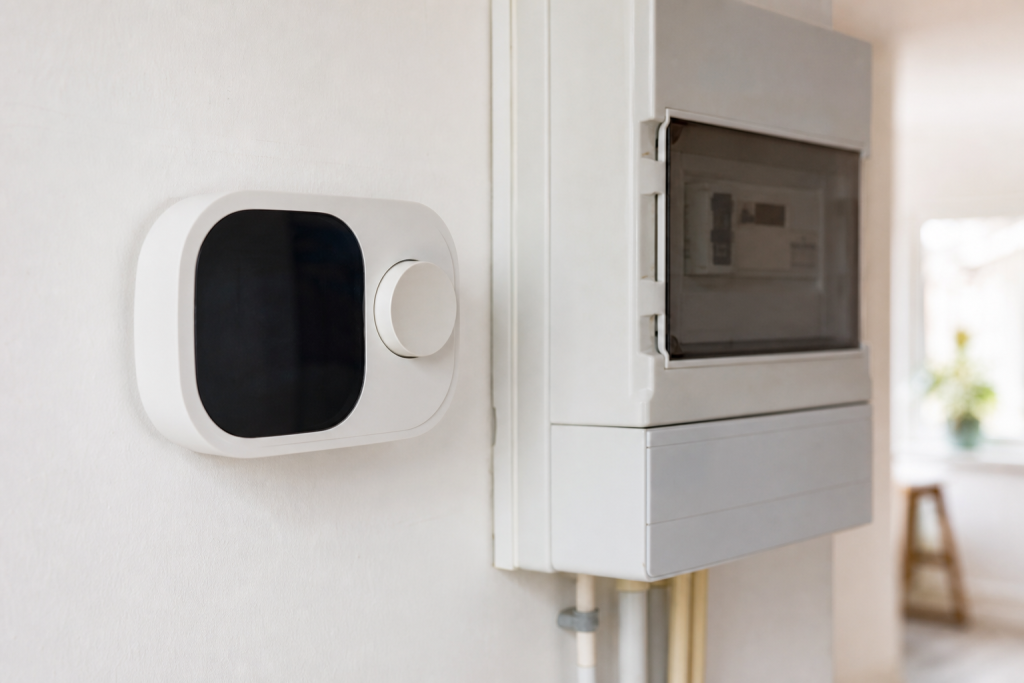 Een thermostaat en energiemeter aan de muur