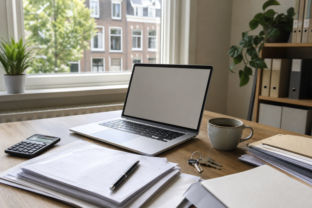 Een bureau met laptop, administratie en koffie