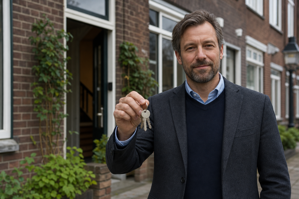 Een verhuurder met huissleutels voor een woongebouw