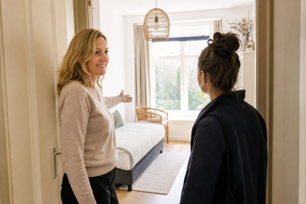 Een huiseigenaar laat een nette kamer zien aan een student