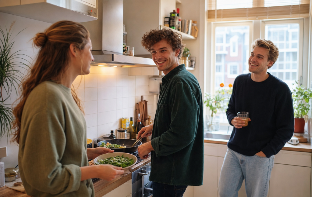Huisgenoten koken samen in een gedeelde keuken