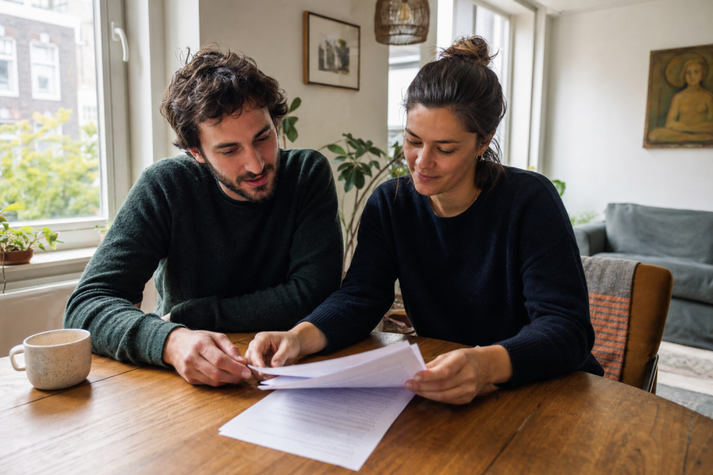 Verhuurder en huurder bekijken samen een huurcontract