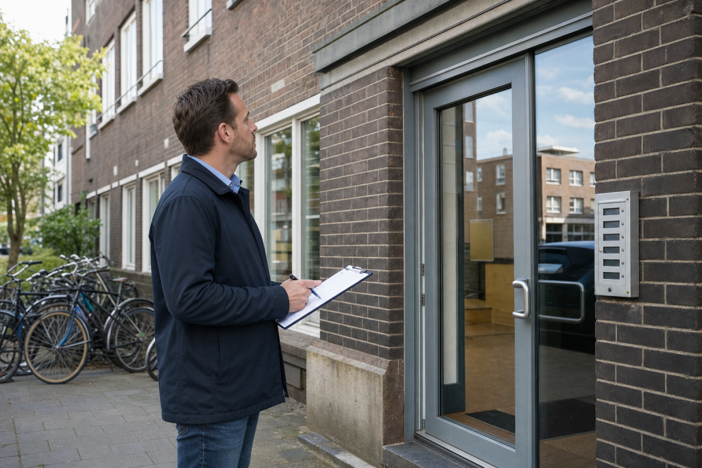 Een beheerder met klembord bij de ingang van een appartementgebouw