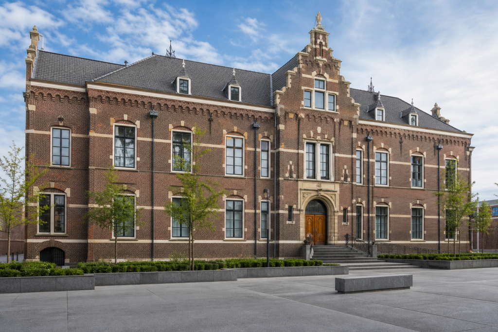Een Nederlands gemeentehuis met bakstenen gevel