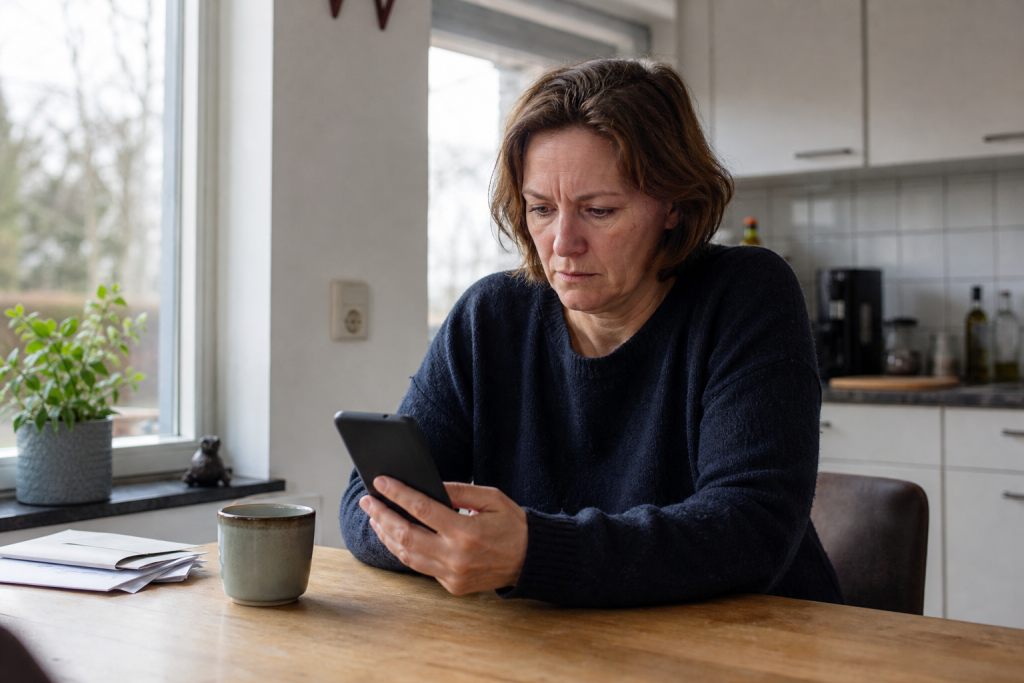 Een bezorgd kijkend persoon met een telefoon aan de keukentafel