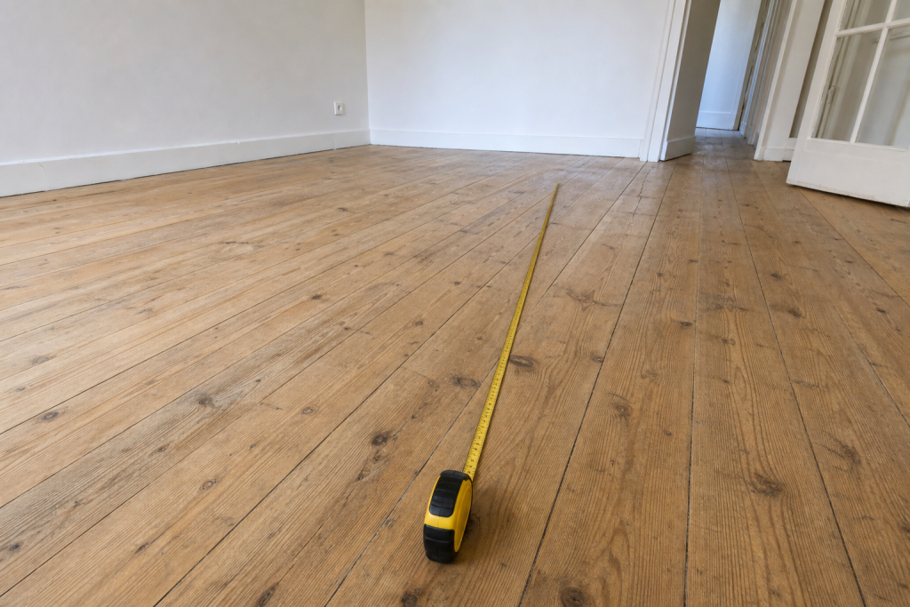 Een meetlint op een houten vloer van een lege kamer