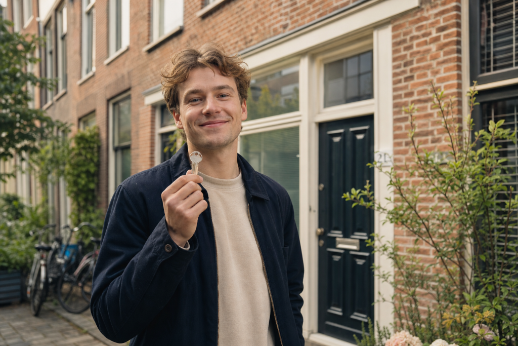 Een beginnende verhuurder met een huissleutel voor een huis