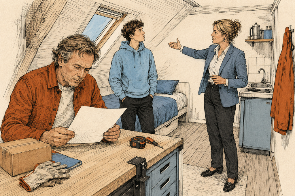 Ouder en student staan met een makelaar in een kleine zolderkamer met schuin dak en bestuderen een notarisakte